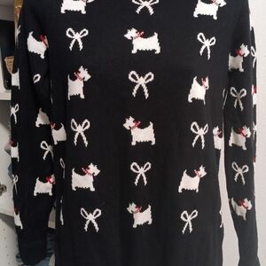 Charming Black Sweater with White Dog and Bow Design
